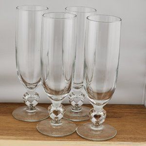 4) Libbey Glass Romance Champagne Flutes 7.5" cut glass heart shaped stem 2006